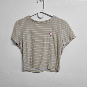 Striped Tan and White Cropped T-Shirt with Heart Patch